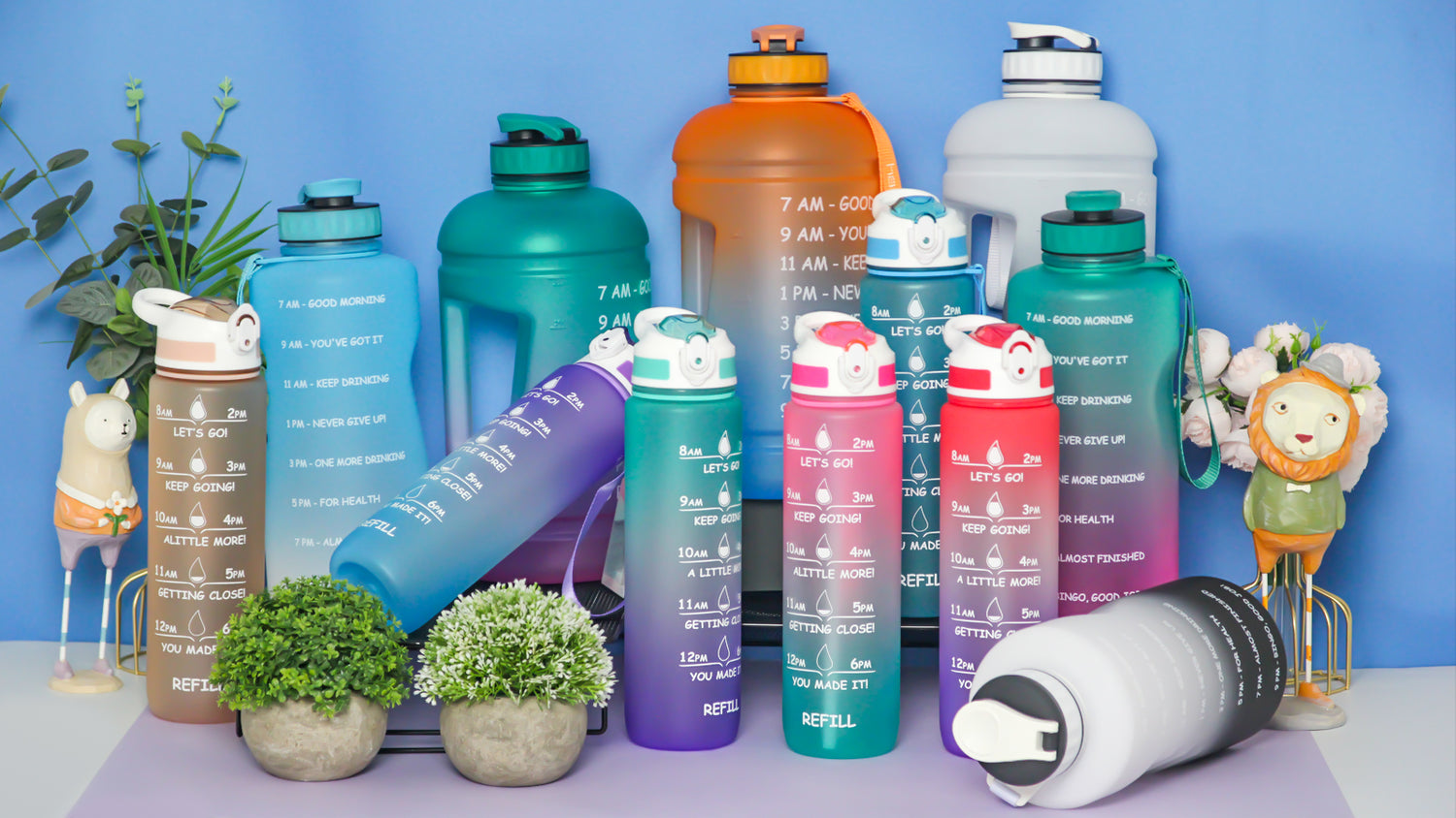 All the water bottles in different sizes and colors