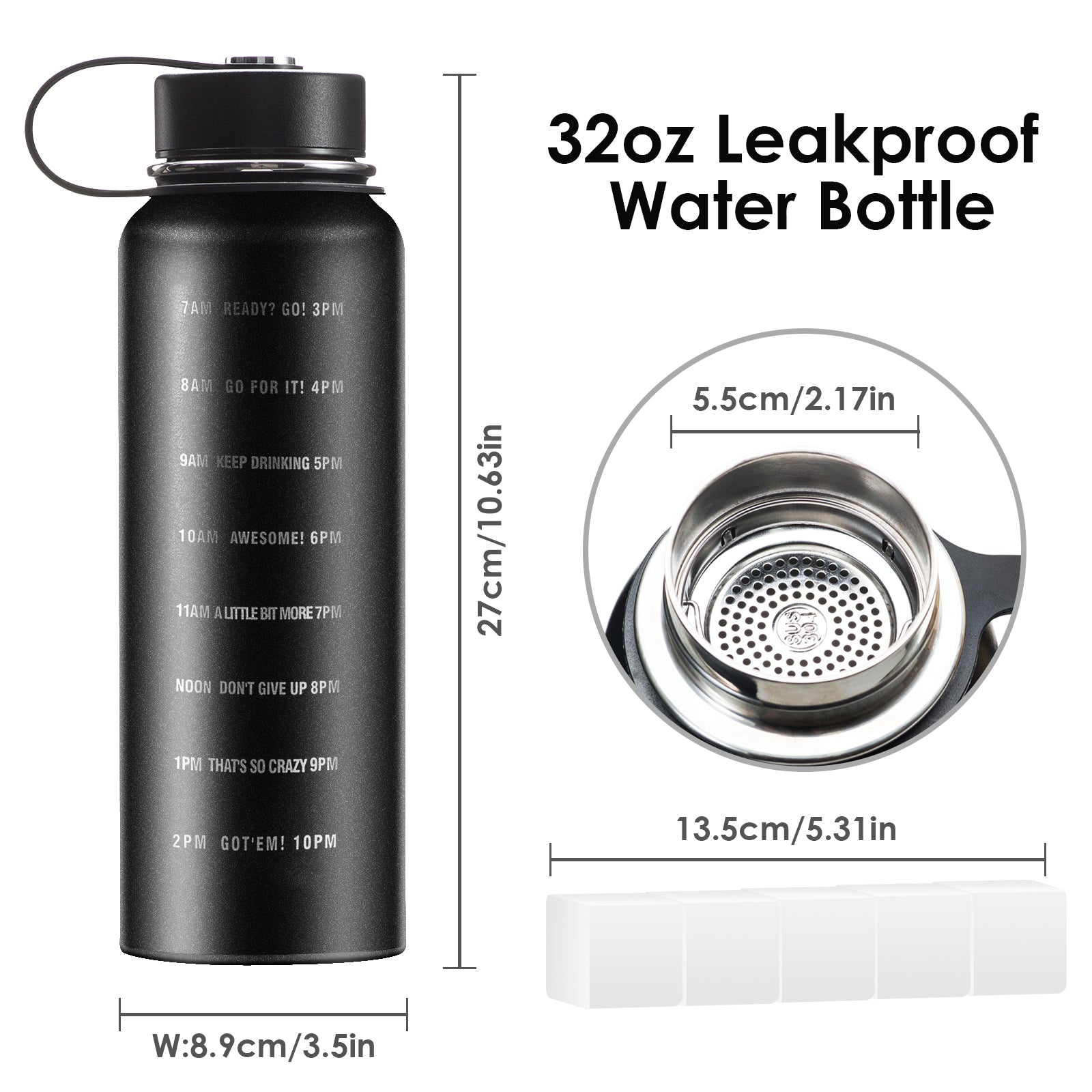 Hanmir 32oz Motivational Water Bottle with Time Marker with Straw